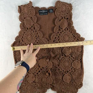 Vintage Hand Knitted OS Crochet Vest Boho‎ Cottage 90s Y2K Brown Earthy Hippie thumbnail 8