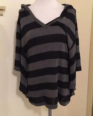 Foreign Exchange Black and grey striped hooded sweater top sz small thumbnail 1