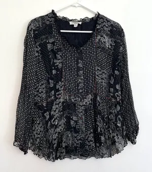 COLDWATER CREEK Black White Patchwork Floral Crinkle Button 3/4 Sleeve Blouse S thumbnail 1