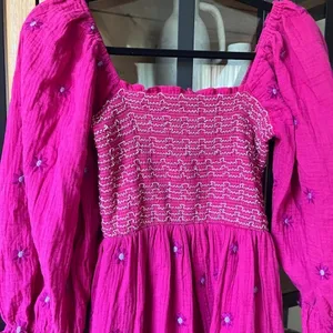 Amazon FP maxi dress embroidered dahlia puff sleeves smock floral magenta midi thumbnail 4