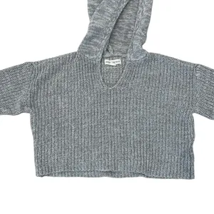 Aeropostale Womens XS Hooded Cropped Sweater Gray Knit V Neck Relaxed Cozy thumbnail 3