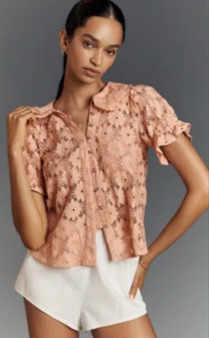 Anthropologie Pilcro The Keira Lace Blouse Coral Sz XXS NEW Boho Colorful Sunny thumbnail 1
