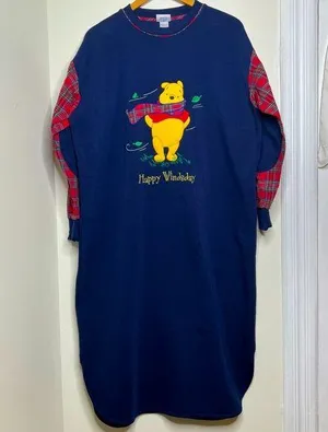 Vintage 90s Pooh Bear Nightgown One Size Happy Windsday Flannel Sleeves Blue thumbnail 1