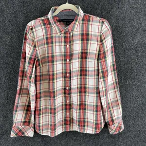 Tommy Hilfiger Women's Red Green Plaid Metallic Thread Roll-Tab Shirt Size M thumbnail 2