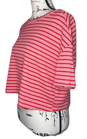 Missguided Striped Waffle Knit Crop Top Tee Womens MED Pink Red Short Sleeve Boxy thumbnail 4