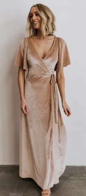 Baltic Born Beige Velvet Meghan Short Flutter Sleeve Wrap Maxi Dress Sz.XL thumbnail 1