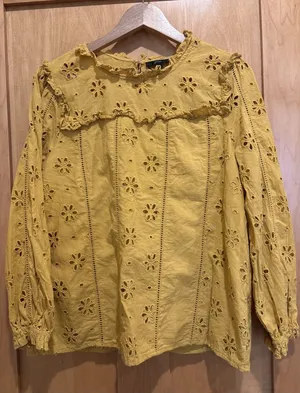 J.CREW Blouse Mustard Floral Embroidered Eyelet Long Sleeve Ruffle‎ Top Medium thumbnail 1