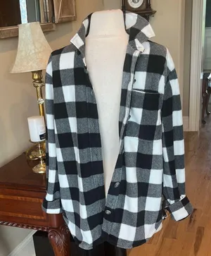 Eddie Bauer Micro fleece Button Up Shirt Black White Buffalo Check Oversized thumbnail 4