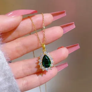 18K Gold Plated Crystal Teardrop Emerald Pendant Necklace for Women thumbnail 2