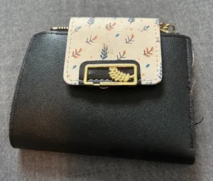 Womens Black Faux Leather Bifold Wallet Floral Snap Tassel Zipper Gold Leaf thumbnail 1