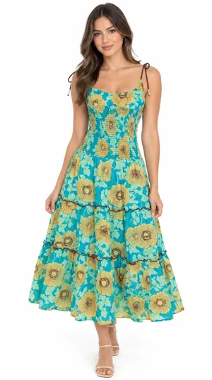 Free People Green Floral Tiered Midi Dress XL NWT Cotton Boho thumbnail 1