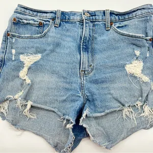 Abercrombie & Fitch High Rise Mom Lt Blue Factory Distressed Cutoff Jean Short thumbnail 2