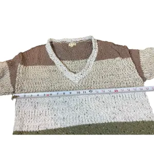 POL Chunky Knit V-Neck Sweater S Colorblock Stripe Brown Green Slouchy Earthy thumbnail 6