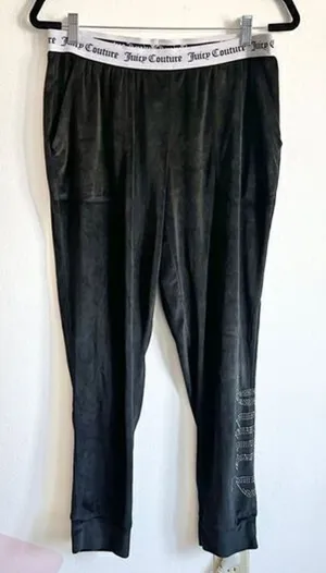 Juicy Couture Black Velour Sweatpants Y2K Track Pants Logo Lounge‎ Medium thumbnail 1
