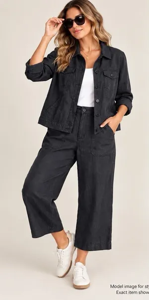 Linden Hill Womens XL 16 Black 100% Linen Jacket Pants 2 Piece Matching Set thumbnail 1