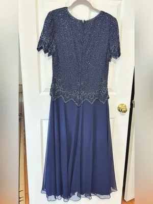 Laurence Kazar Navy Beaded Evening Dress Maxi Gown Sheer Overlay Formal M thumbnail 3