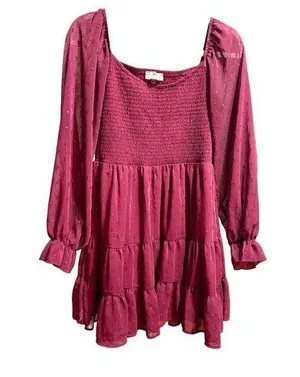 Altar’d State Women’s Vibrant Burgundy Babydoll Tiered Long Sleeve Dress Sparkle thumbnail 1