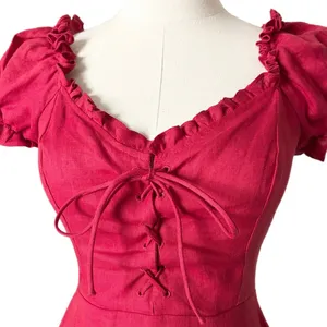 Reformation Klara 100% Linen Mini Dress Lipstick Red Lace-Up Puff Sleeve Size 2 thumbnail 2