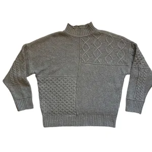 American Eagle Grey Patchwork Mixed Cable‎ Knit Mock Neck Sweater Womens Large thumbnail 2