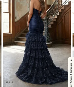 Navy Blue Strapless Sweetheart Mermaid Pleated Layered Long Prom Dress With Slit thumbnail 2