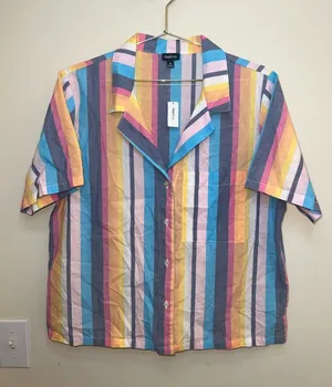 GapBody Striped Button Front Shirt Medium Multicolor Short Sleeve Blouse NWT‎ Blue thumbnail 1