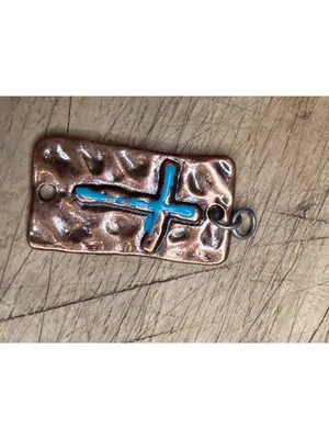 Turquoise-Inlaid Copper Cross Pendant With Rustic Textured Finish Handmade Recta thumbnail 4