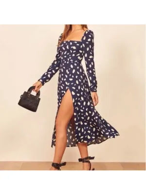 Reformation Sigmund Navy & White Long Sleeve Midi Dress - Size 6 thumbnail 2