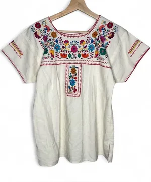Colorful Florals Mexican Embroidered Short Sleeve Peasant Blouse Boho thumbnail 1