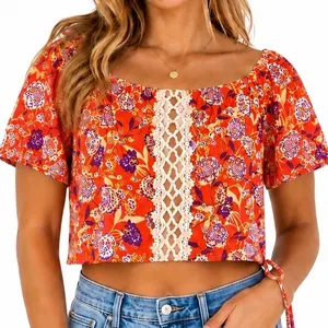 Miss Me Floral Boho Top Large Orange White Crochet Flutter Sleeve Crop Summer thumbnail 1