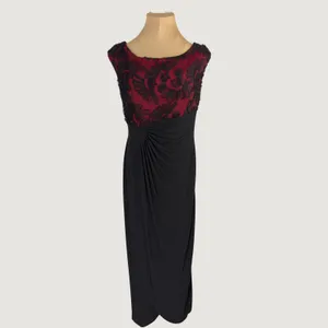 Connected Apparel 3085 | Floral Lace Draped Maxi Gown Black Burgundy Dark Romantic Formal Women 6 thumbnail 7