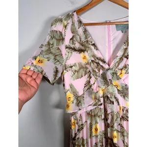 Skies Are Blue Maxi‎ Dress Women Small Pink Tropical Palm Floral Pleated Ruffle thumbnail 2