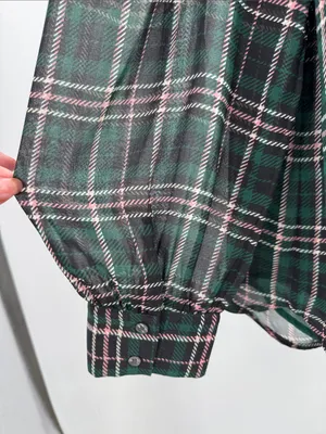 Ann Taylor sheer button front plaid puff sleeve top L professional office casual thumbnail 5