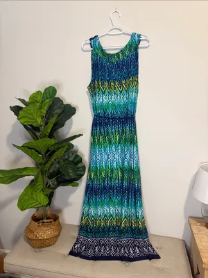 Sleeveless Blue-Green Patterned Maxi Dress 3x with tie waist thumbnail 5