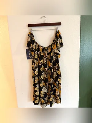 Natural Life Womens Dress Black Yellow Floral Flutter Sleeve Size Large thumbnail 2