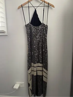 Farm Rio Anthropologie Medium Halter Sequin Midi Dress Black Tropical Resort thumbnail 3