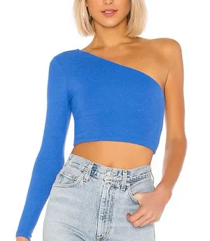 Superdown Karol Ribbed One-Shoulder Crop Top in Cobalt thumbnail 1