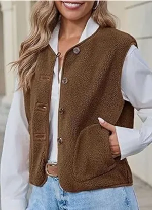 NEW Fuzzy Fleece Sleeveless Button Brown Button-Up Vest XL thumbnail 1