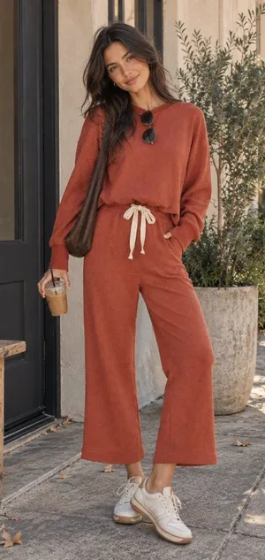Charlie Holiday Rust Waffle Knit Sweatshirt Wide Leg Pants Lounge 2 Piece Set thumbnail 1