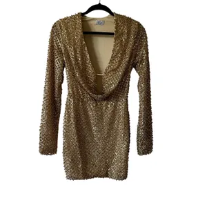 Oh Polly Arlowe Embellished Cowl-Neck Mini Dress in Gold Size 2 New thumbnail 5