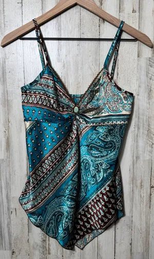 Vintage Y2k Paisley Blue Brown Handkerchief Cami Top Womens Medium thumbnail 1