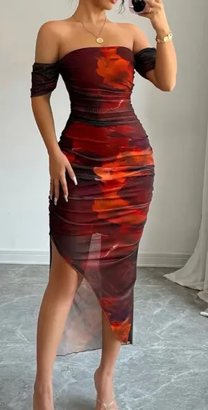 NEW Off-Shoulder Bodycon Ruched Slit Midi Dress L thumbnail 1