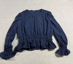 Navy Blue Textured Ruffle Semi Sheer Long Sleeve Blouse Size Medium EUC thumbnail 6