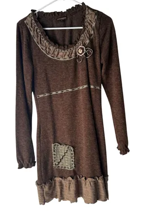 JOHN FASHION Y2k M Brown‎ Knit Sweater Dress Patchwork Forest Fairy Lagen Boho thumbnail 1