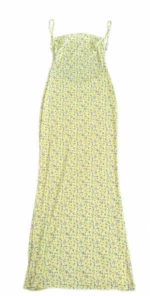 Full length yellow maxi dress with small blue flower print #summer thumbnail 1