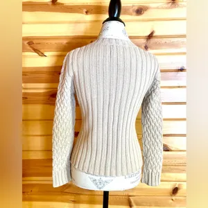 St Johns Bay Tan Button Up Round Neck Cardigan w/Ribbed Back & Woven Front Sz S thumbnail 3