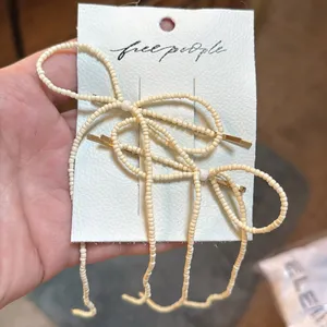 NWT Free People Cream Beaded Bow Gold Hair Clips Set Boho Coquette thumbnail 4