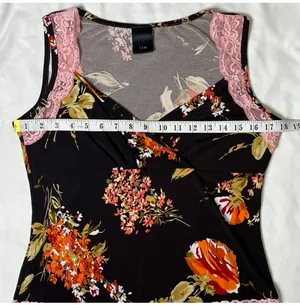 Y2K j.t.b. Floral and lace trim wraps v-neck tank top large brown pink orange poppy thumbnail 7
