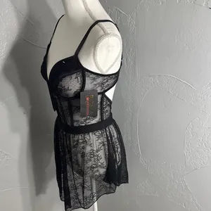 Roma Black Sheer Lace Babydoll Chemise with Plunge Cups thumbnail 4