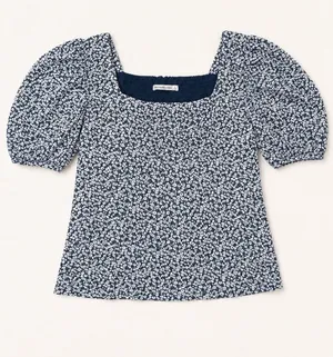 Abercrombie & Fitch Navy and White Floral Square-Neck Puff Sleeve Top thumbnail 1