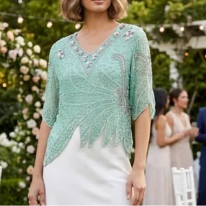 Handmade Vintage 90s Beaded Sequin Seagreen Fairycore Asymmetrical Hem Formal blouse thumbnail 2